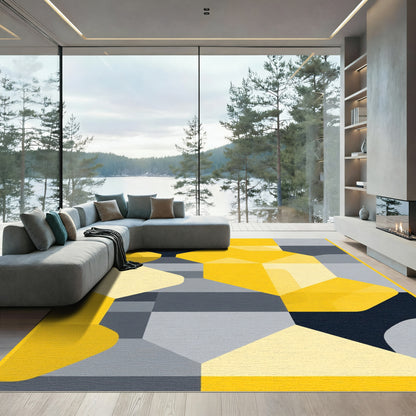 Modern Geometric Yellow Gray Abstract Rug