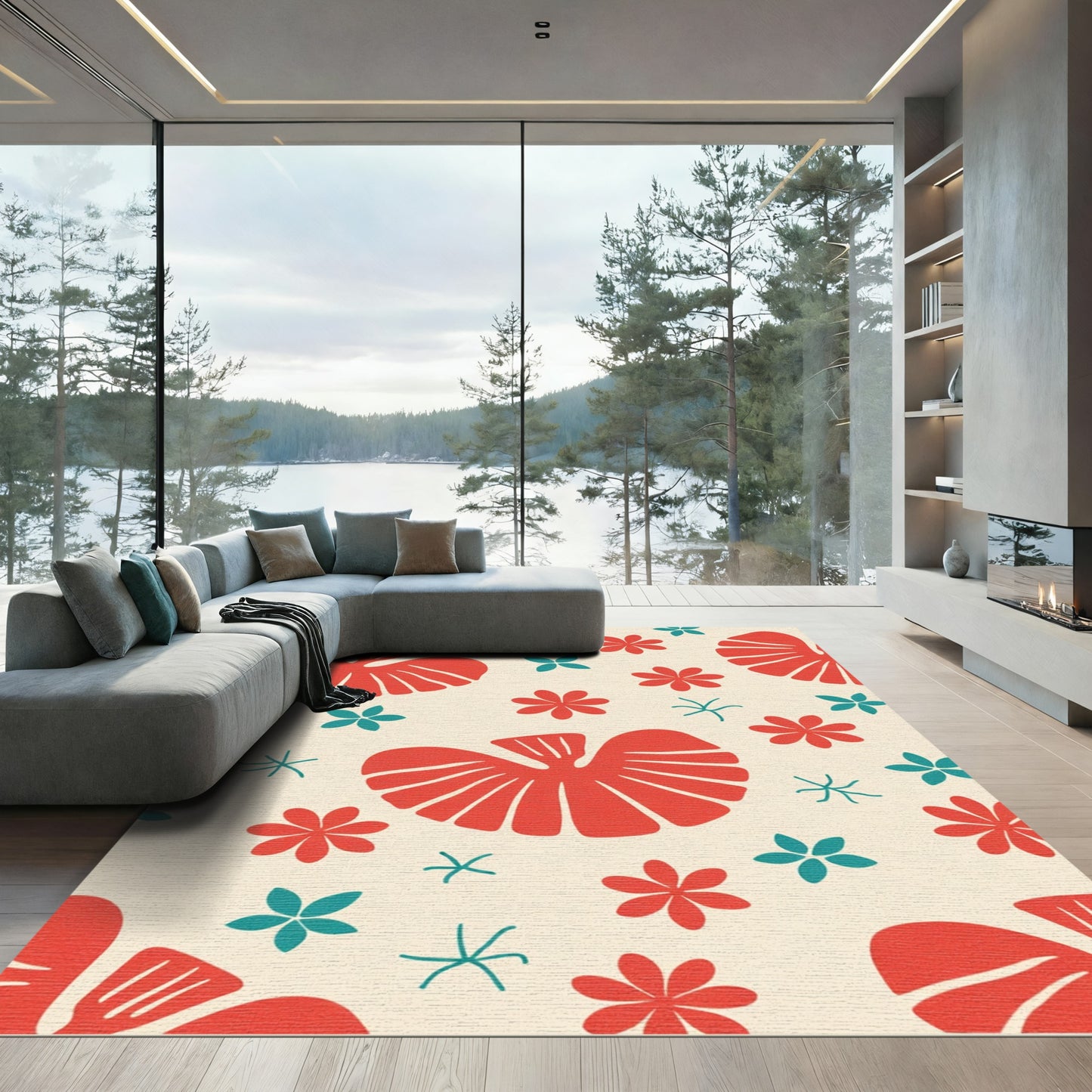 Coral Red Tropical Bloom Collage Rug