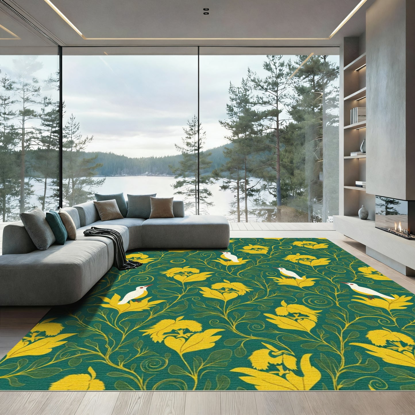 Emerald And Gold Floral Bird Garden Rug