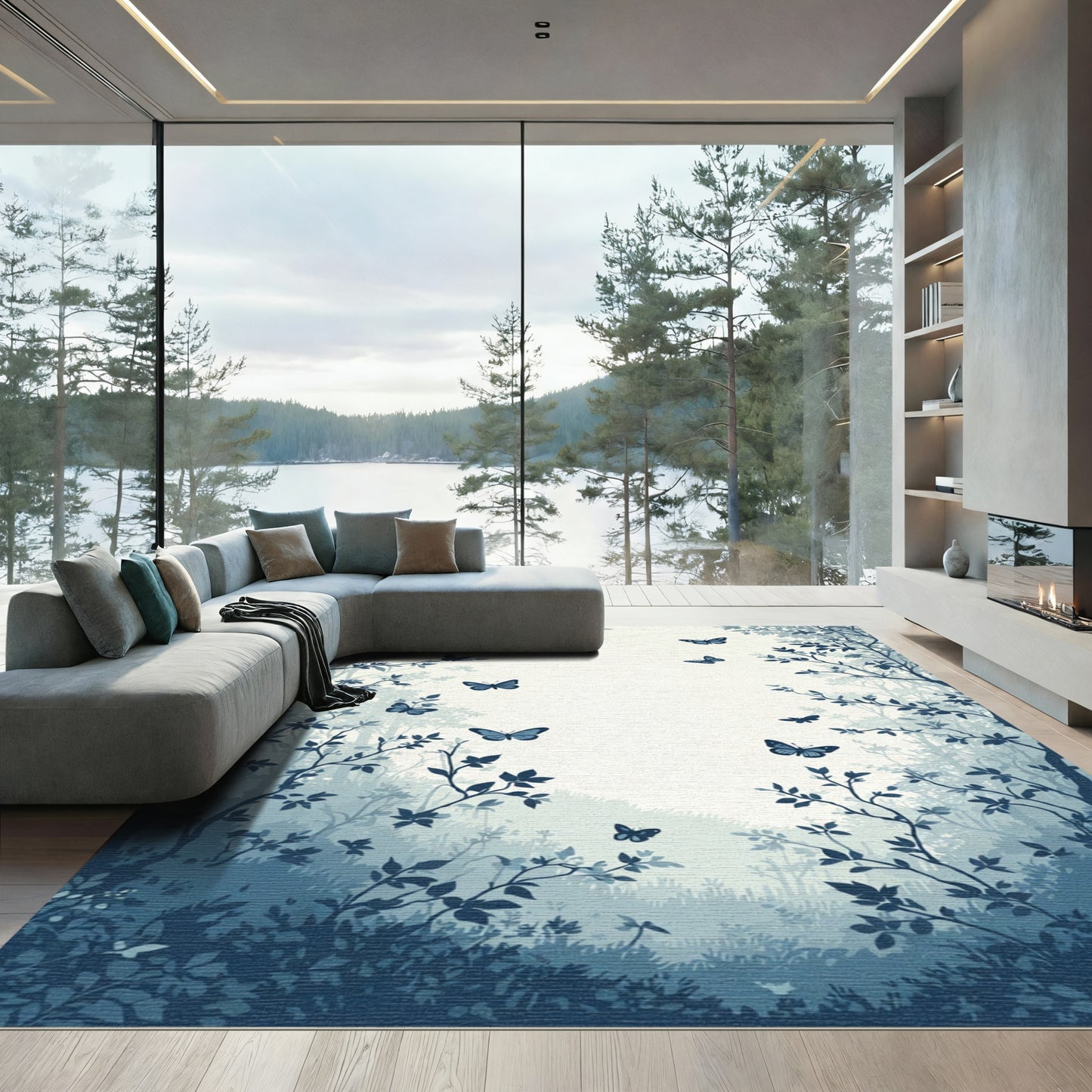 Lush Forest Butterflies Silhouette Rug