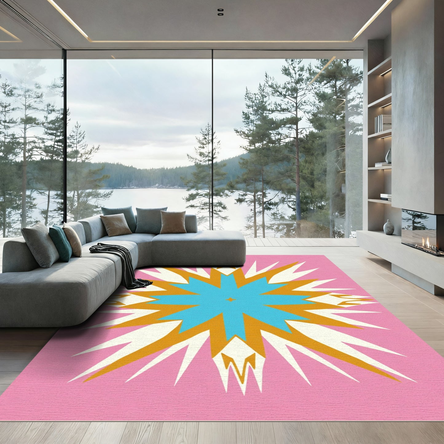 Pink Sunburst Geometric Mid Century Rug