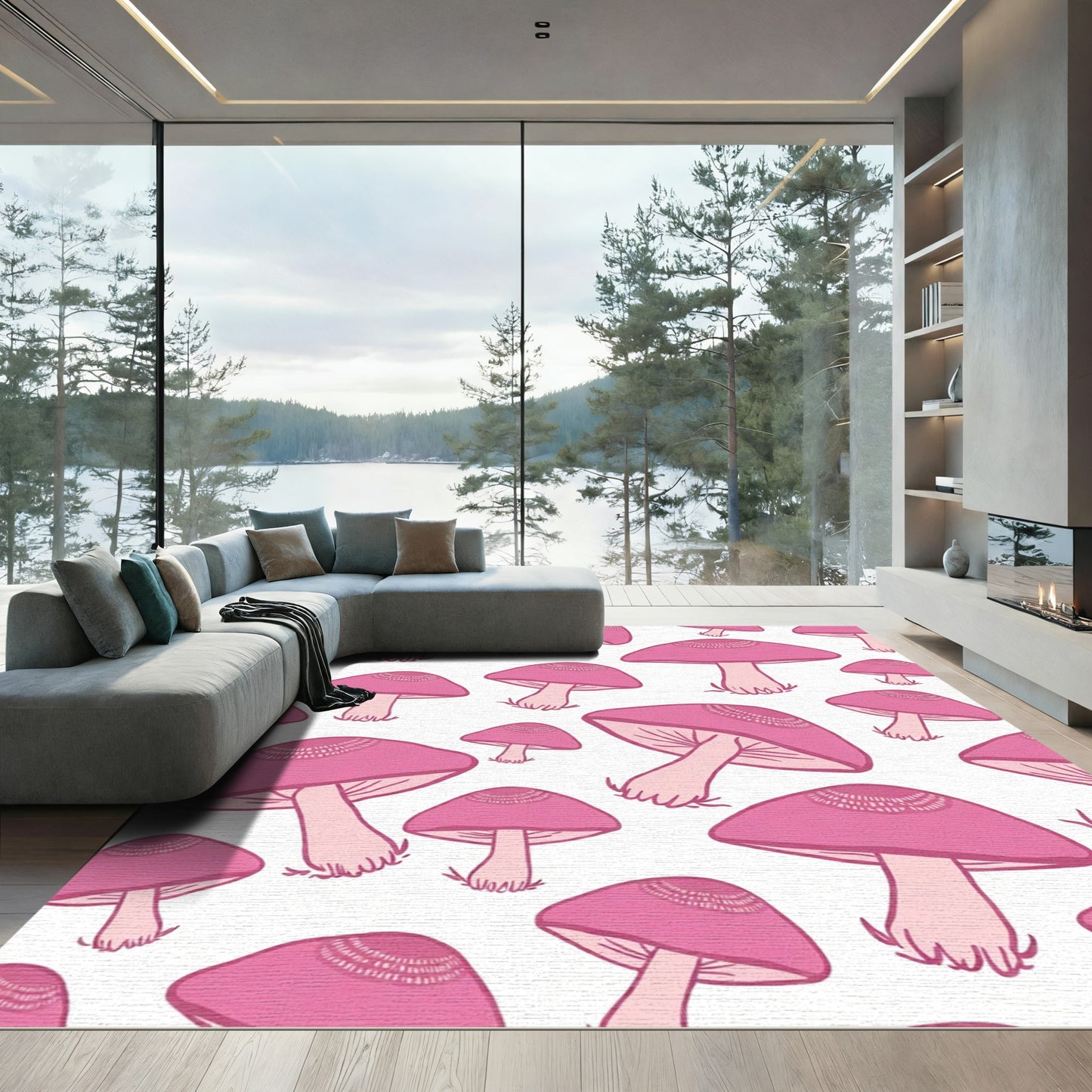 Pink Repeating Mushroom Motif Rug