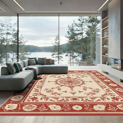Crimson Floral Centerpiece Border Rug