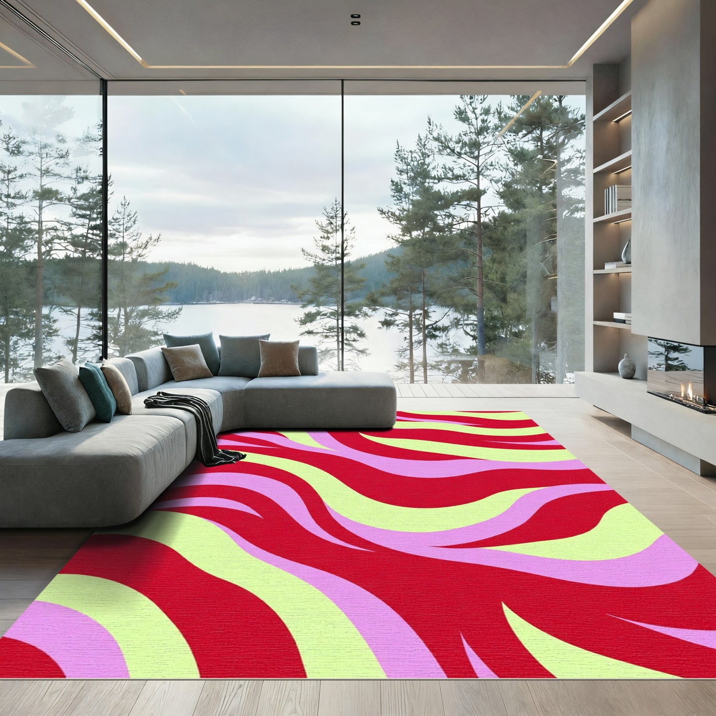 Red Cream Pink Wave Swirl Rug