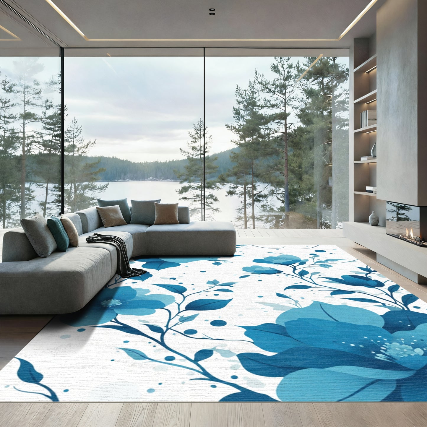 Deep Blue Floral Branching Vines Rug