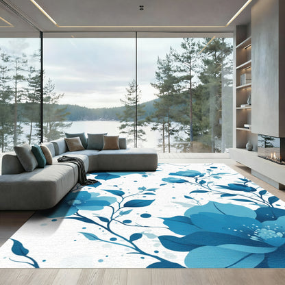 Deep Blue Floral Branching Vines Rug