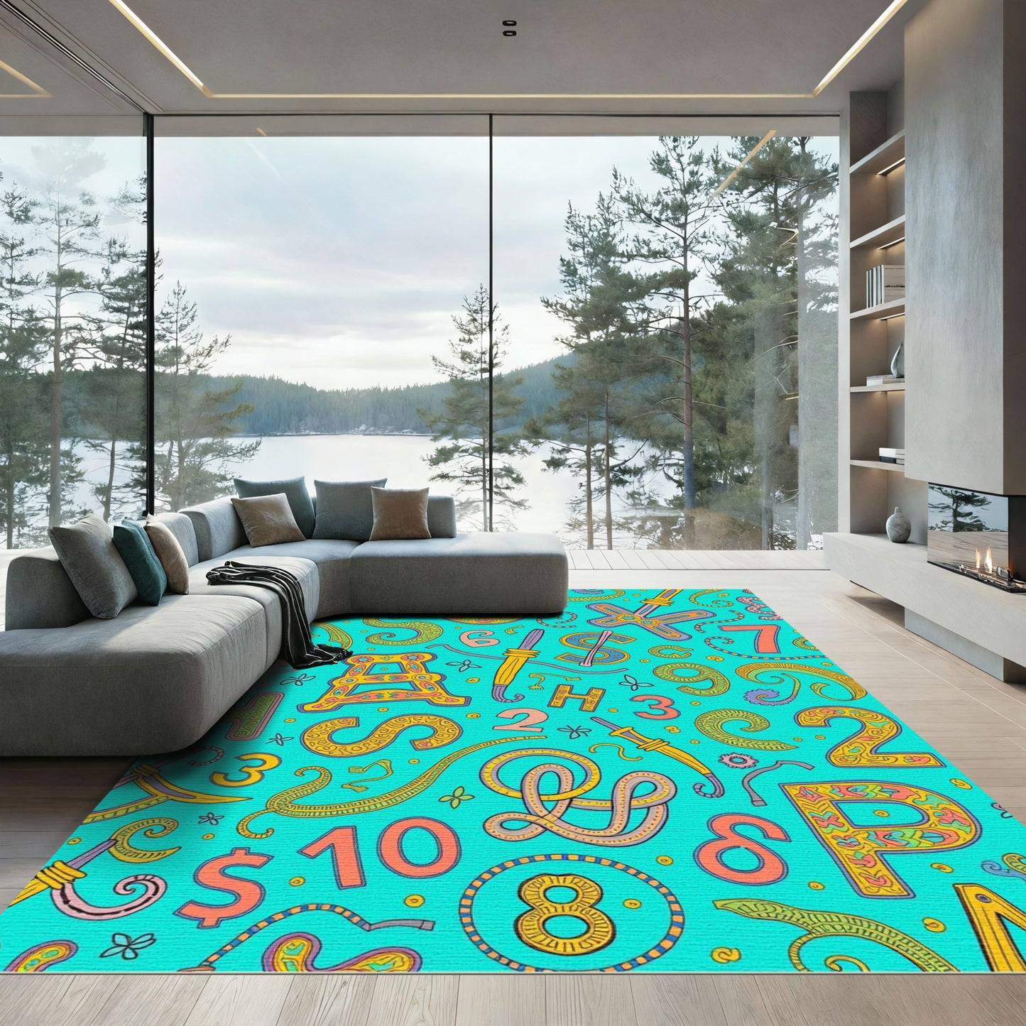 Whimsical Alphabet Numbers Turquoise Tapestry Rug