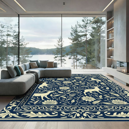 Navy Cream Deer Floral Garden Rug