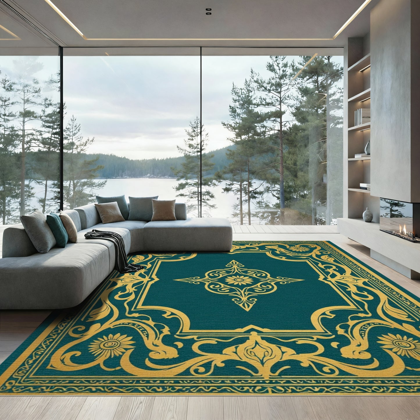 Teal Gold Floral Ornament Rug