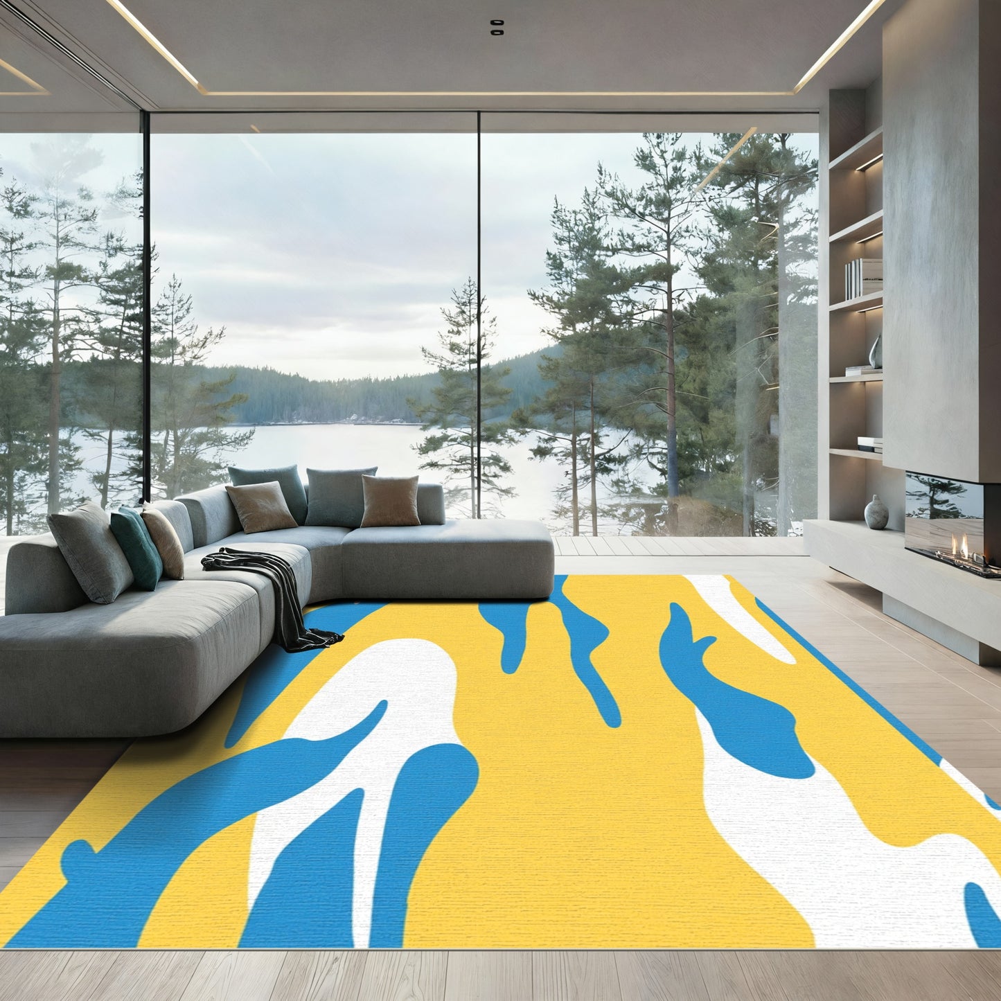 Abstract Blue White Yellow Organic Flow Rug