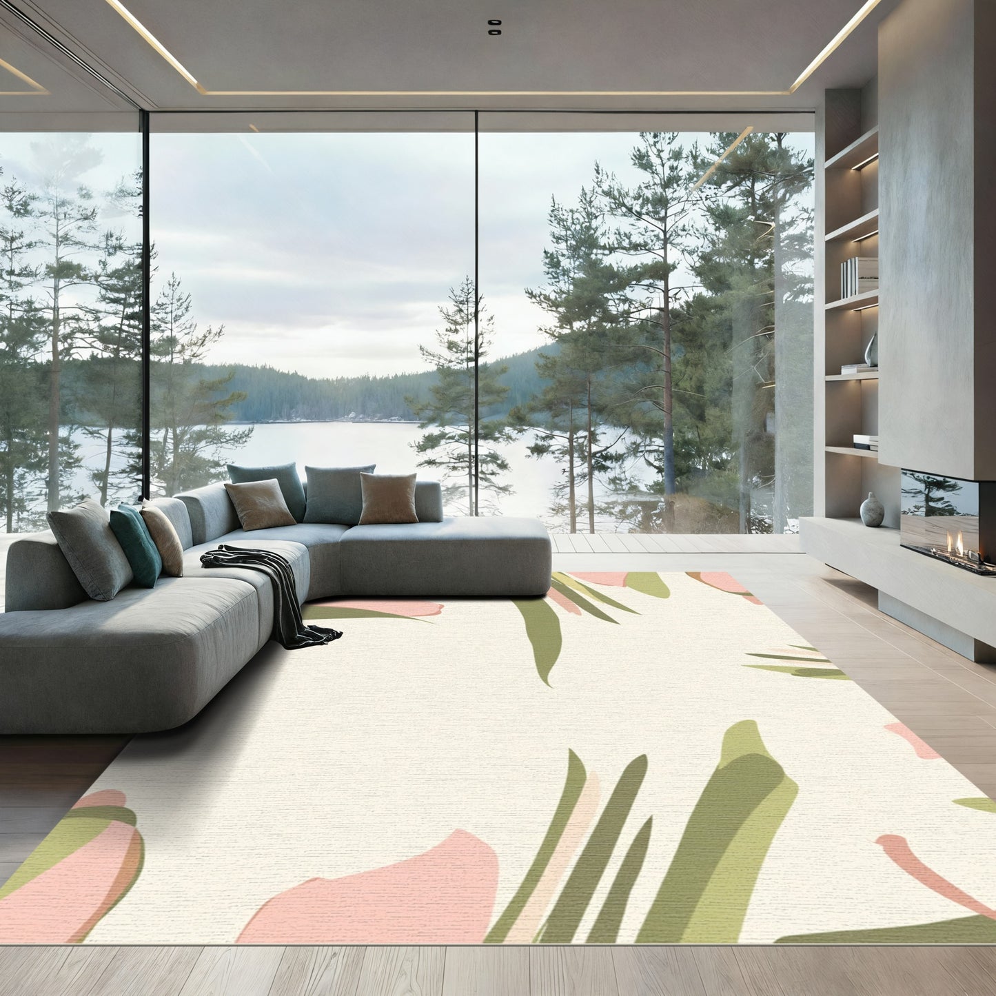 Soft Pink Green Abstract Floral Strokes Rug