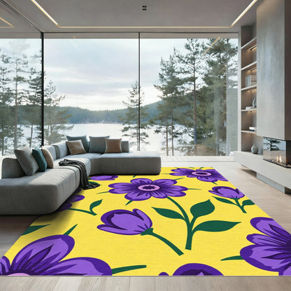 Purple Floral Meadow Yellow Background Rug