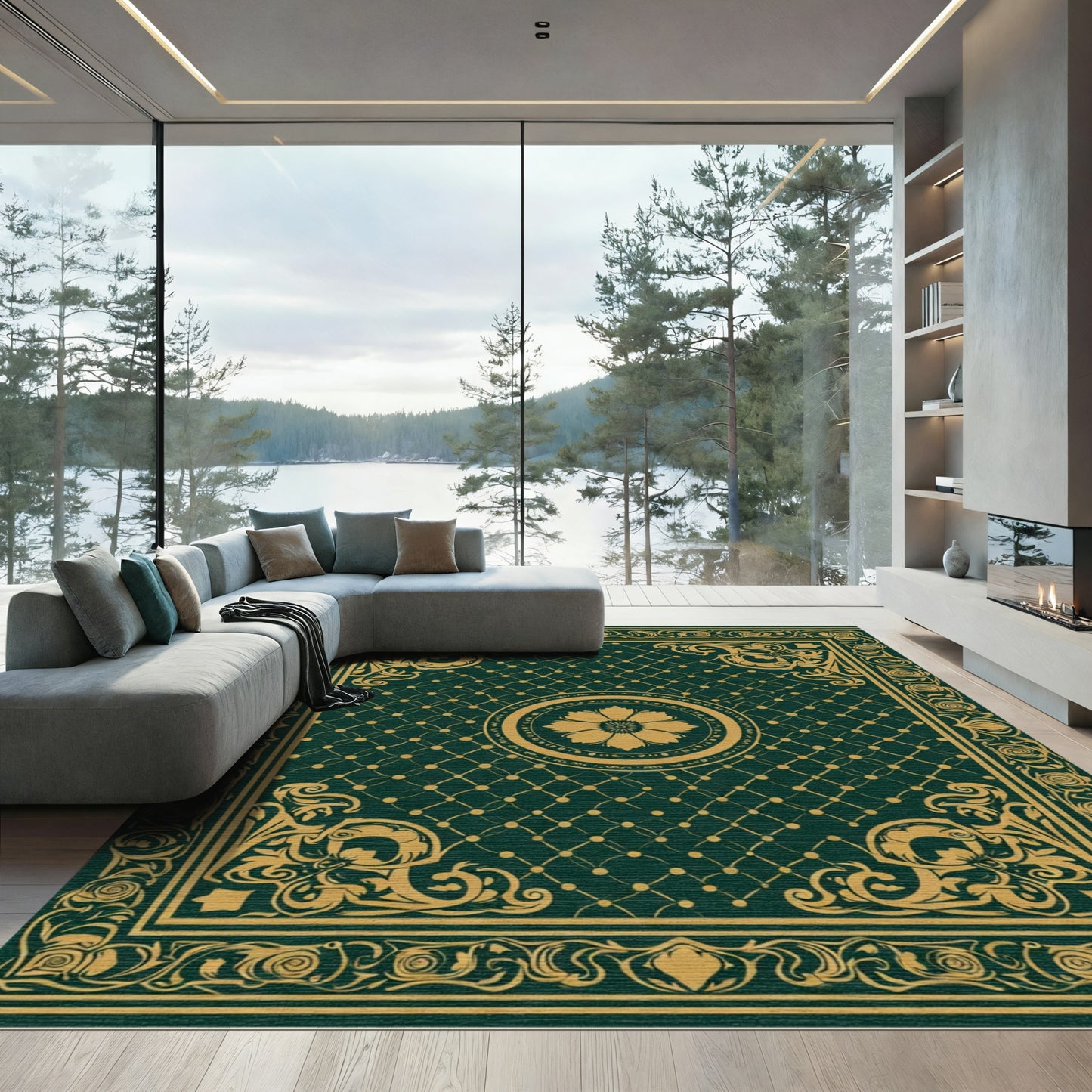 Emerald Green Golden Floral Medallion Rug