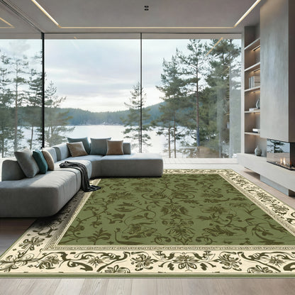 Olive Green Floral Botanic Border Rug
