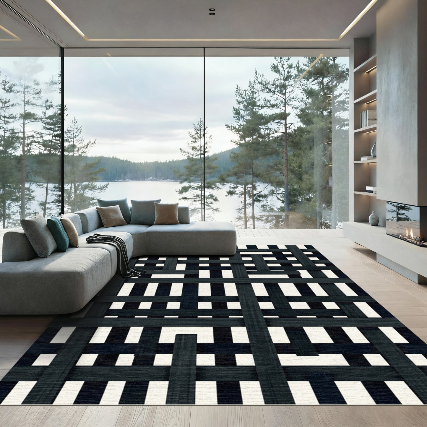 Dark Interwoven Strips Geometric Rug