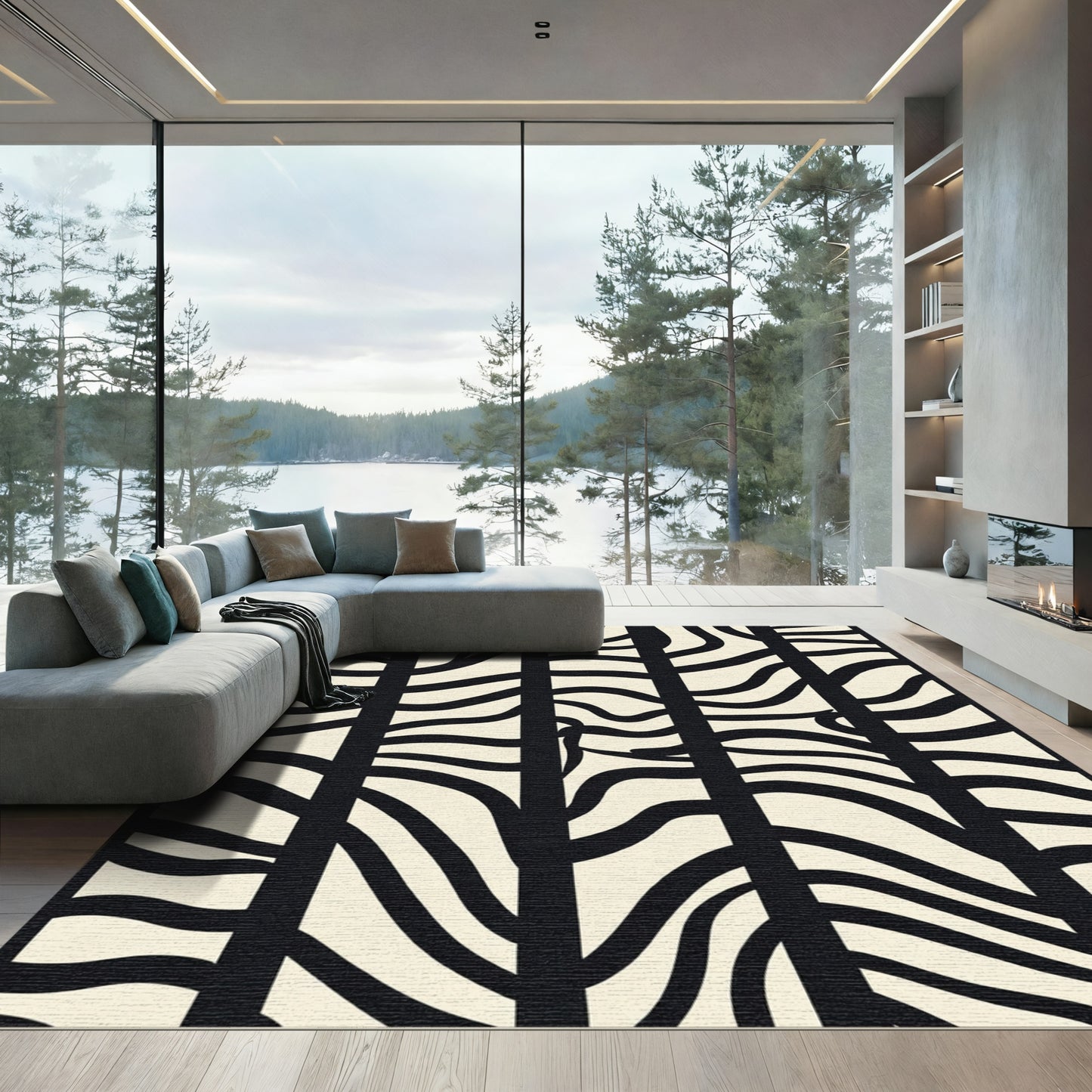 Cream Black Abstract Zebra Stripes Rug