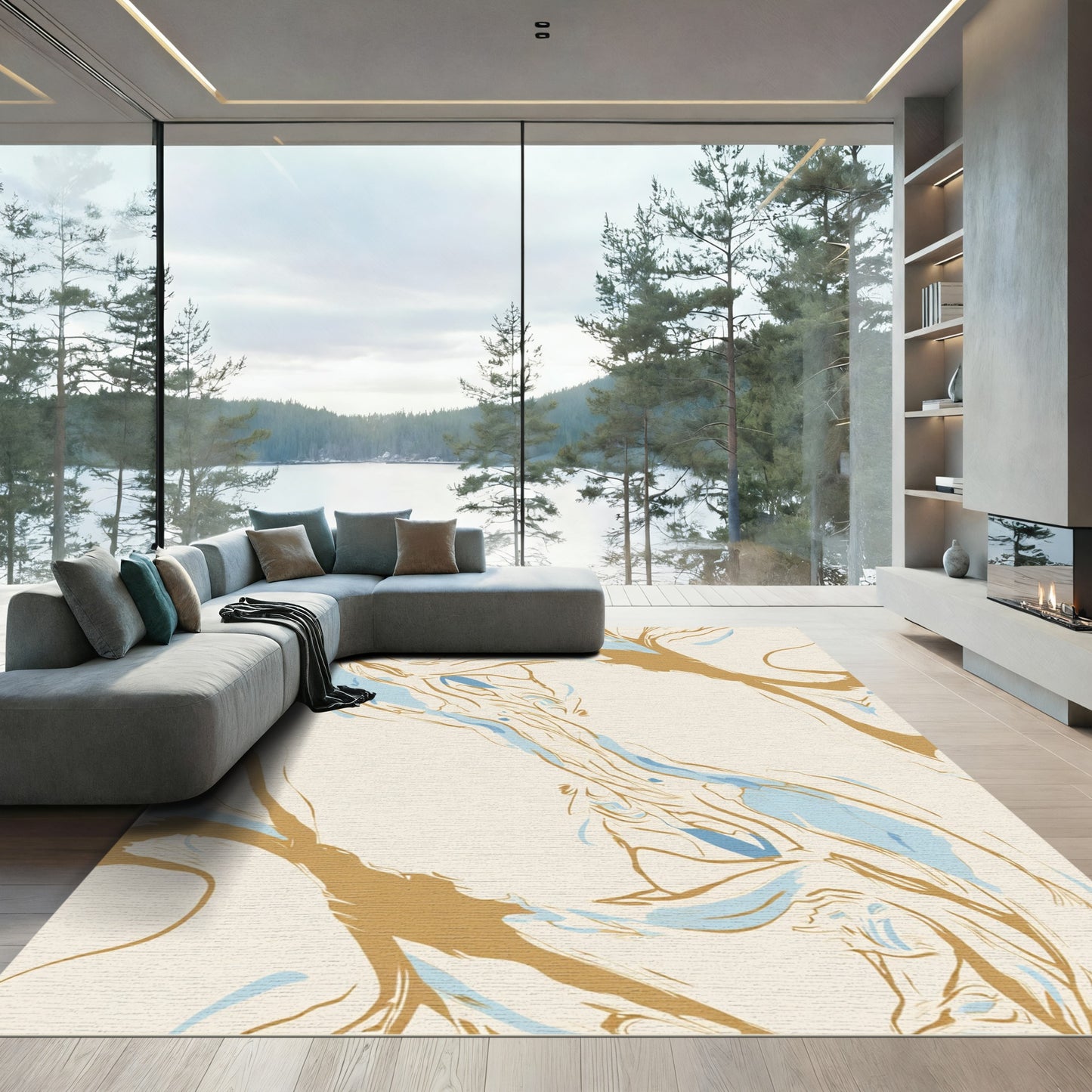 Abstract Gold Blue Flowing Waves Rug