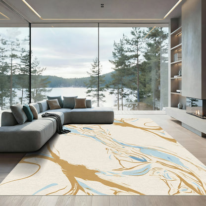 Abstract Gold Blue Flowing Waves Rug