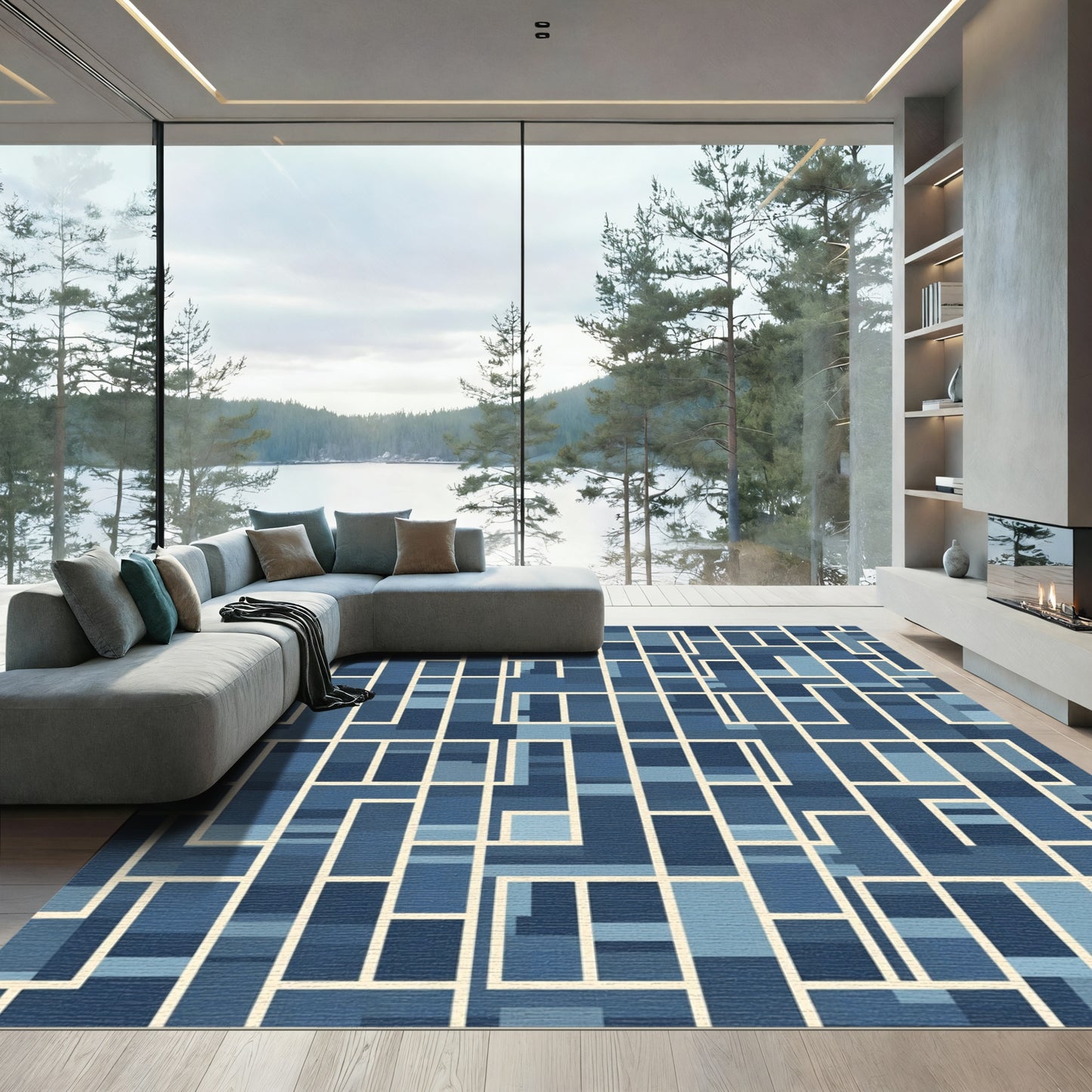 Modern Blue Geometric Labyrinth Rug