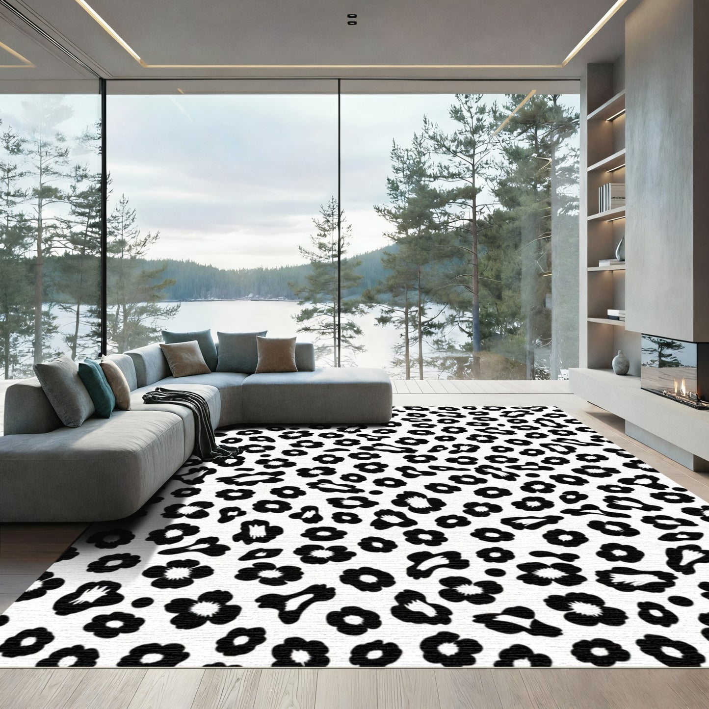 Black White Leopard Spots Rug