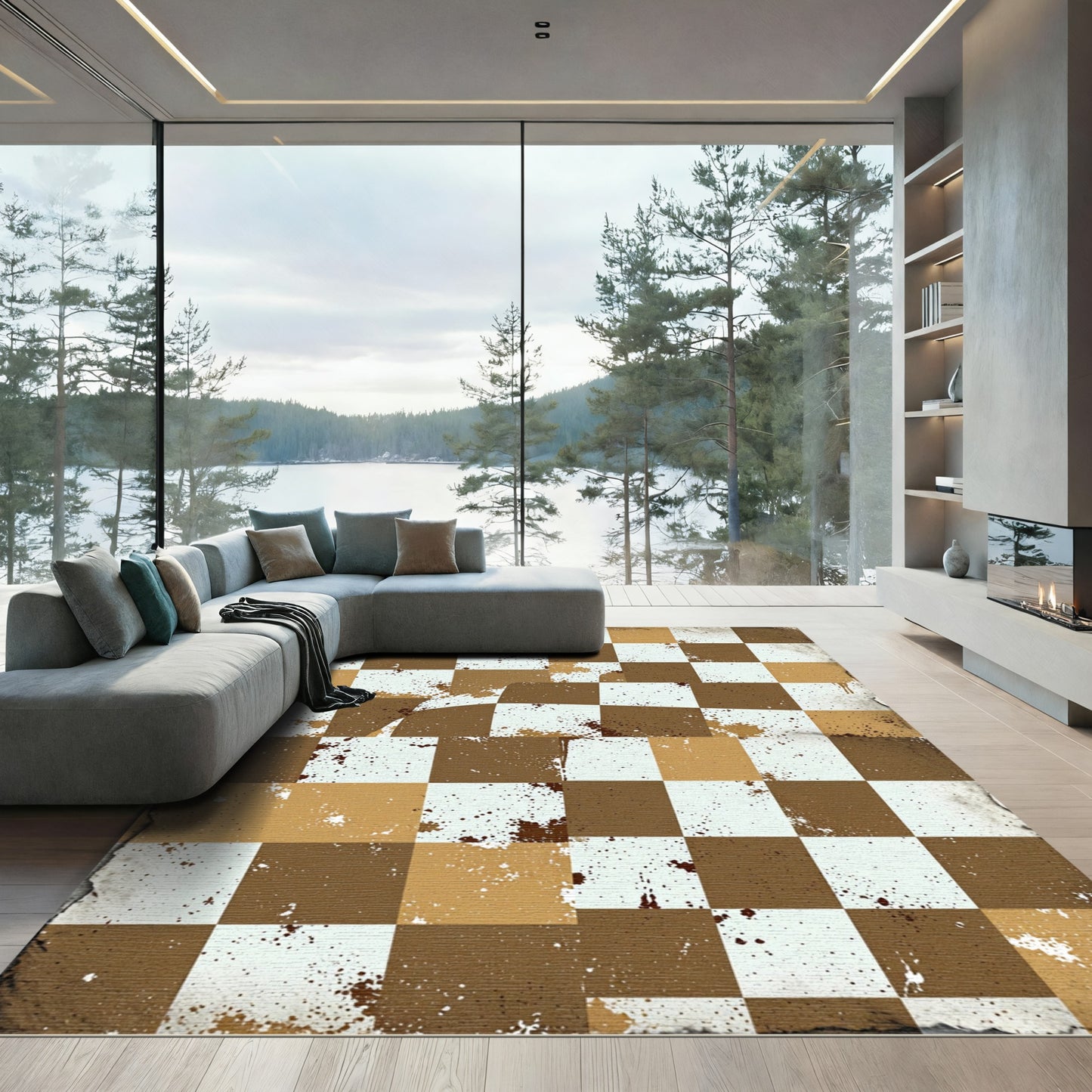 Brown White Splattered Checkered Squares Rug