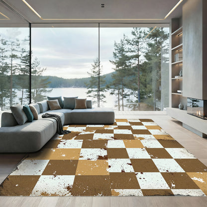 Brown White Splattered Checkered Squares Rug