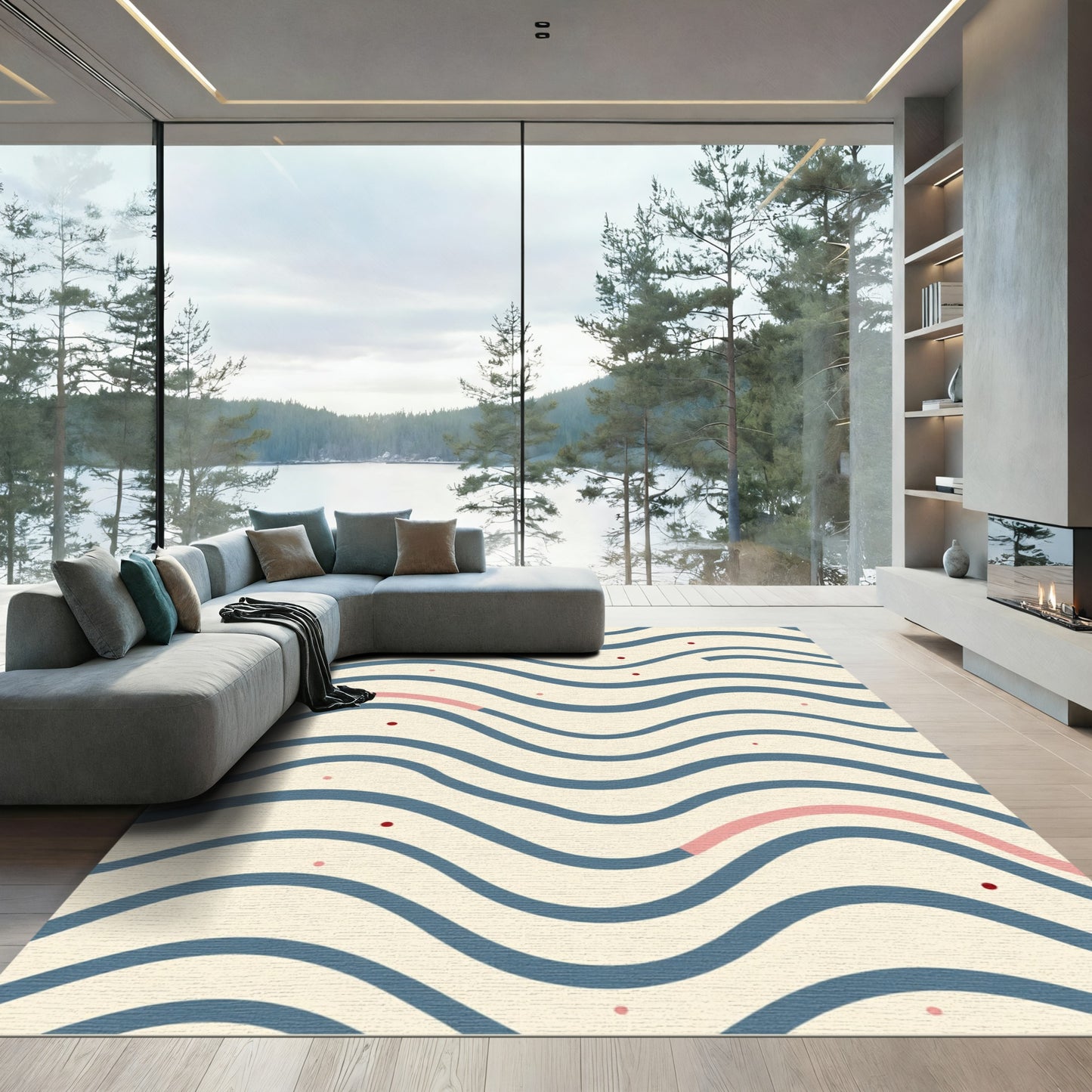 Cream Blue Wavy Stripe Dot Rug