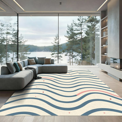 Cream Blue Wavy Stripe Dot Rug