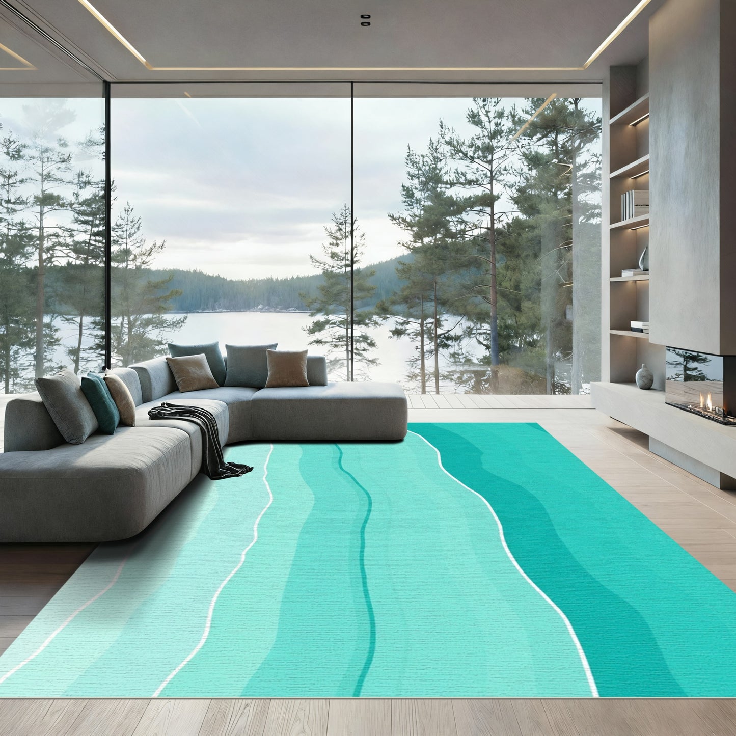 Aqua Gradient Wavy Stripe Area Rug
