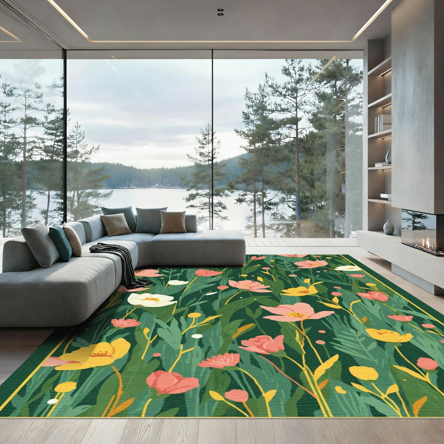 Pink Yellow White Floral Garden Rug