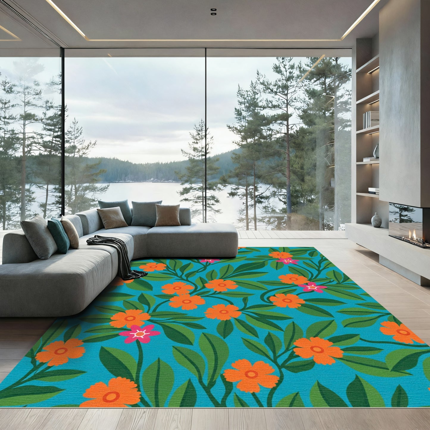 Tropical Orange Flower Leafy Swirl Rug
