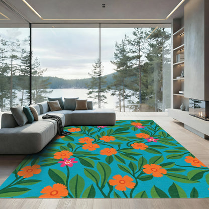 Tropical Orange Flower Leafy Swirl Rug