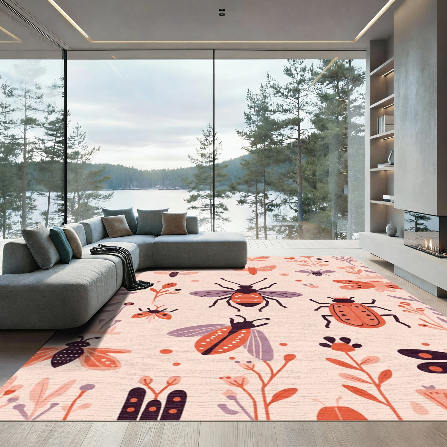 Whimsical Coral Bug Botanical Illustration Rug