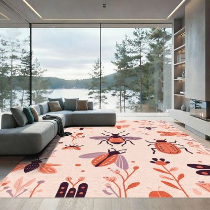 Whimsical Coral Bug Botanical Illustration Rug