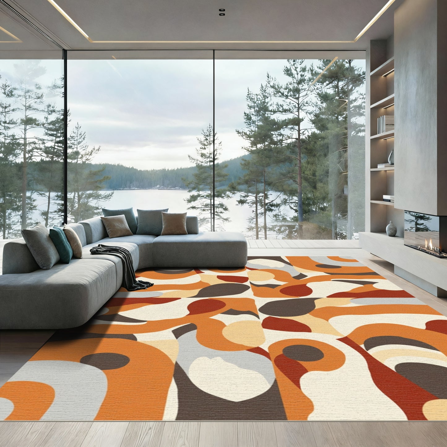 Rust Terracotta Cream Abstract Swirls Rug