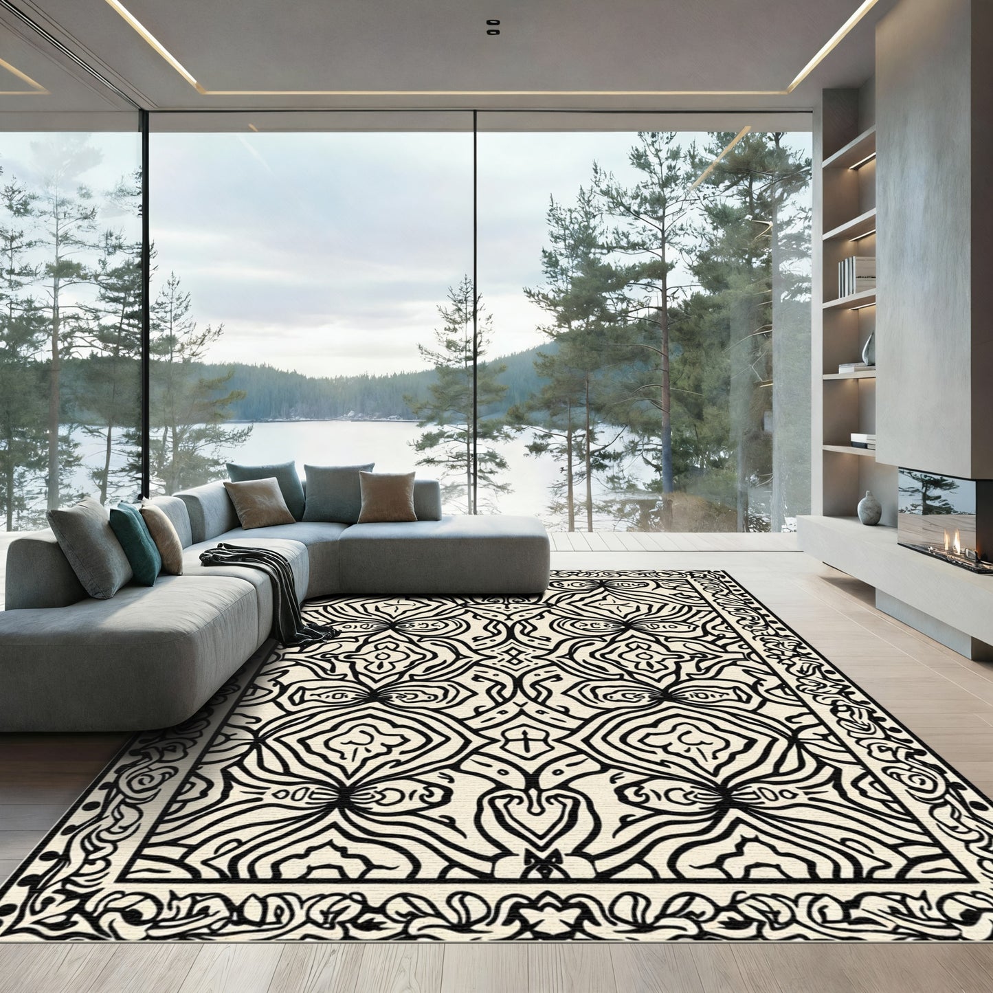 Classic Black Ivory Intricate Outline Rug