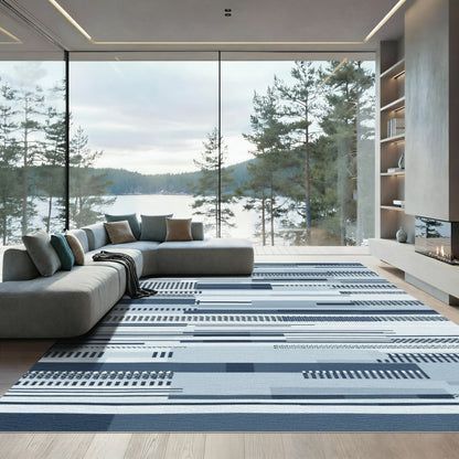 Dark Blue Geometric Stripe Montage Rug