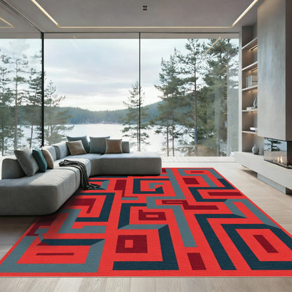 Deep Red Blue Geometric Maze Rug