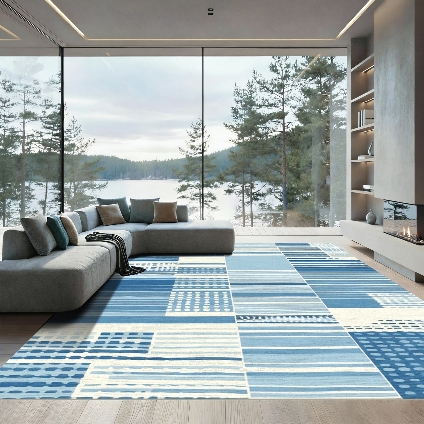 Patchwork Blue White Horizontal Lines Rug