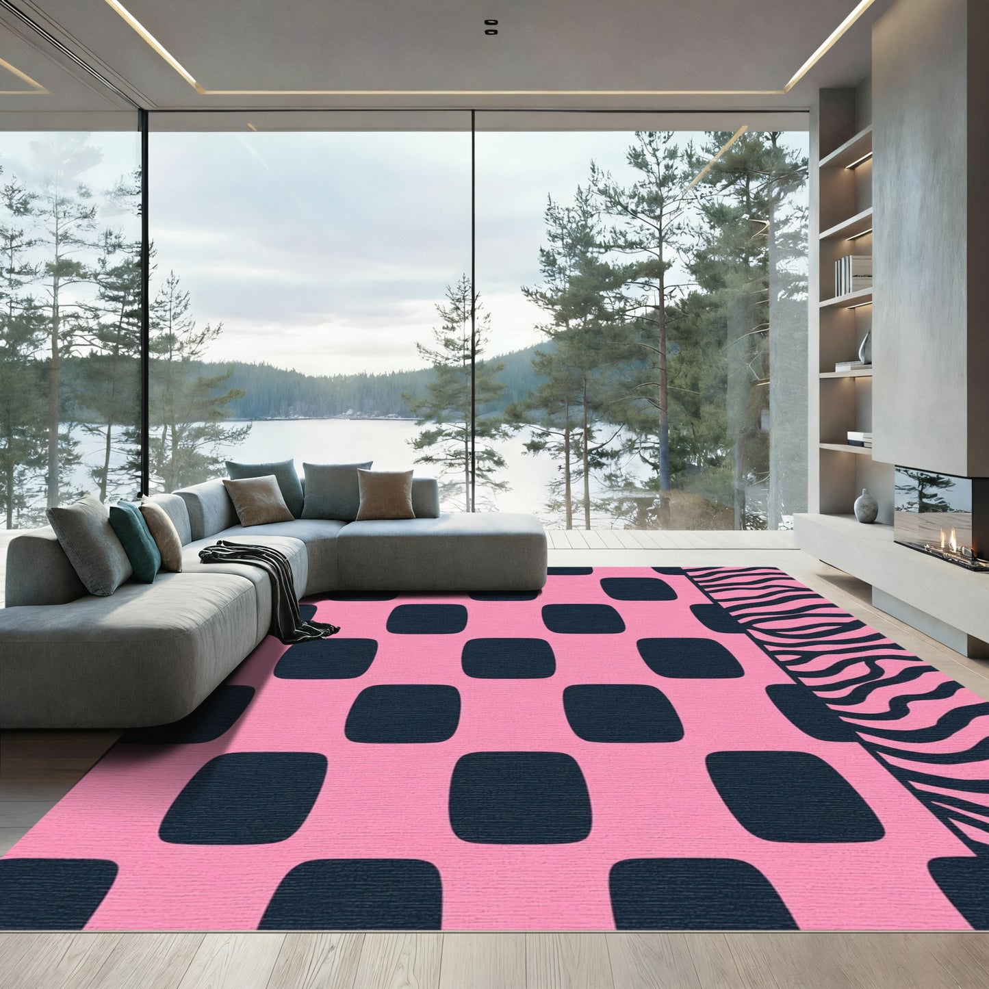 Pink Navy Checked Zebra Stripe Rug