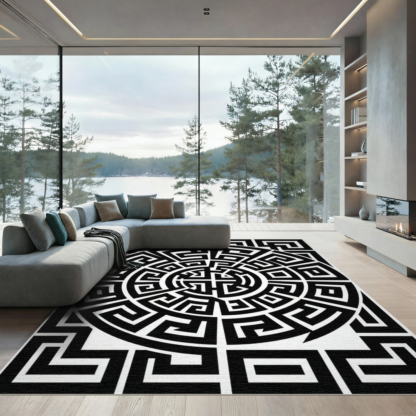Black White Geometric Maze Circle Rug