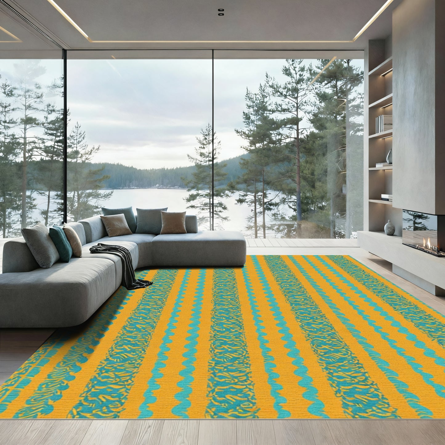 Turquoise Bold Stripe Ochre Texture Rug