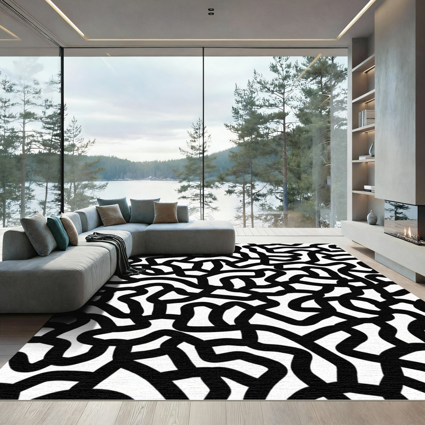 Black White Organic Labyrinth Rug