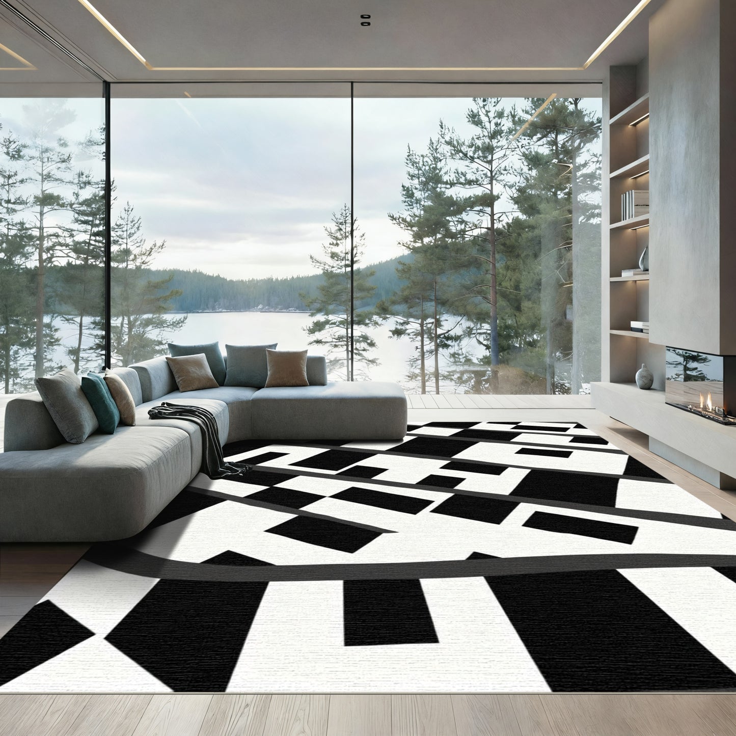 Abstract Black White Jagged Stripes Rug