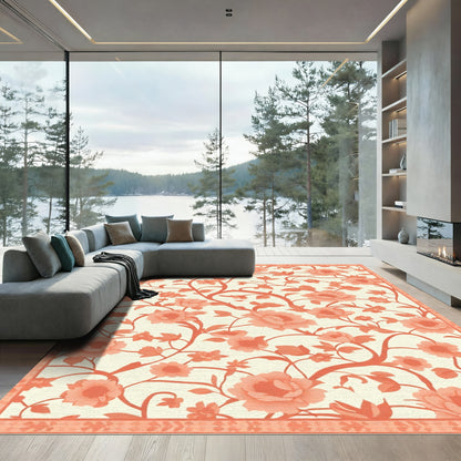Coral Peony Vine Floral Accent Rug