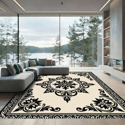 Black Floral Medallion Cream Border Rug