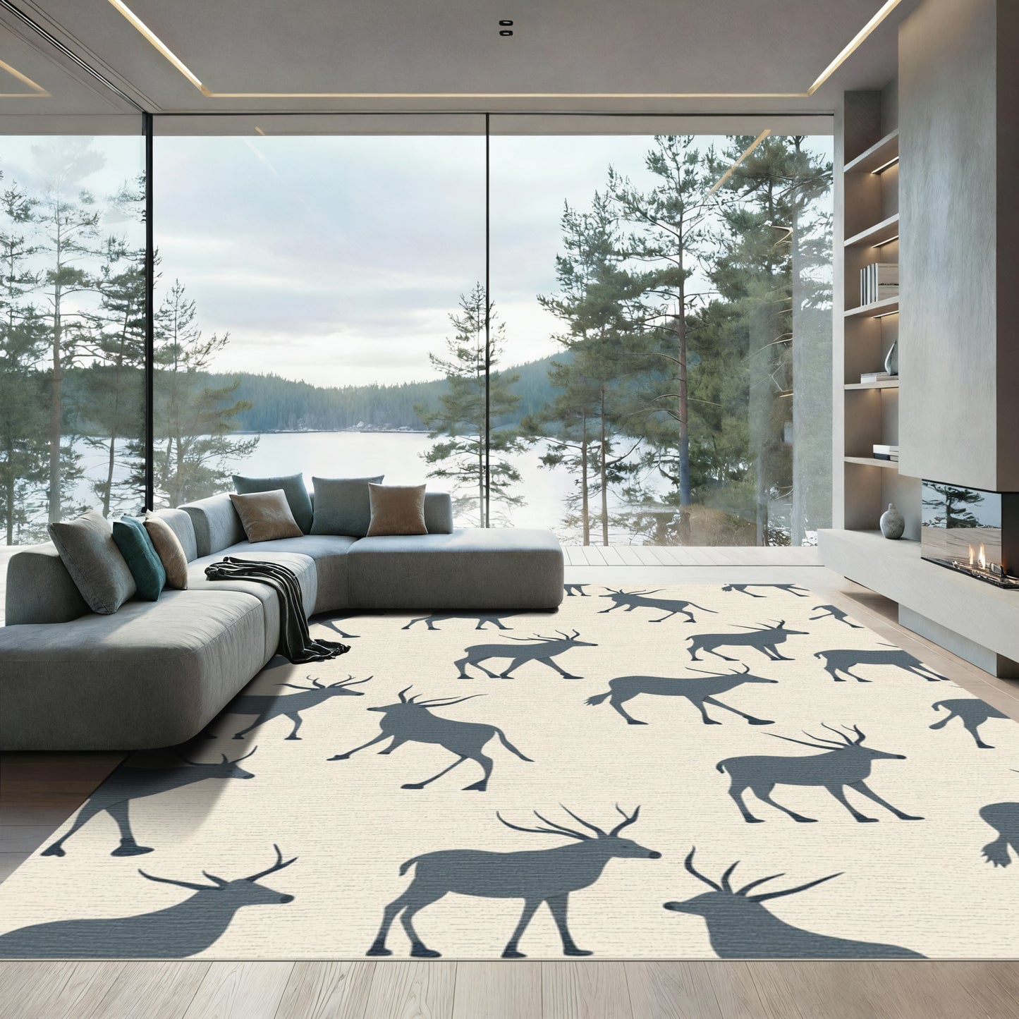 Deep Blue Antelope Silhouette Repeating Pattern Rug