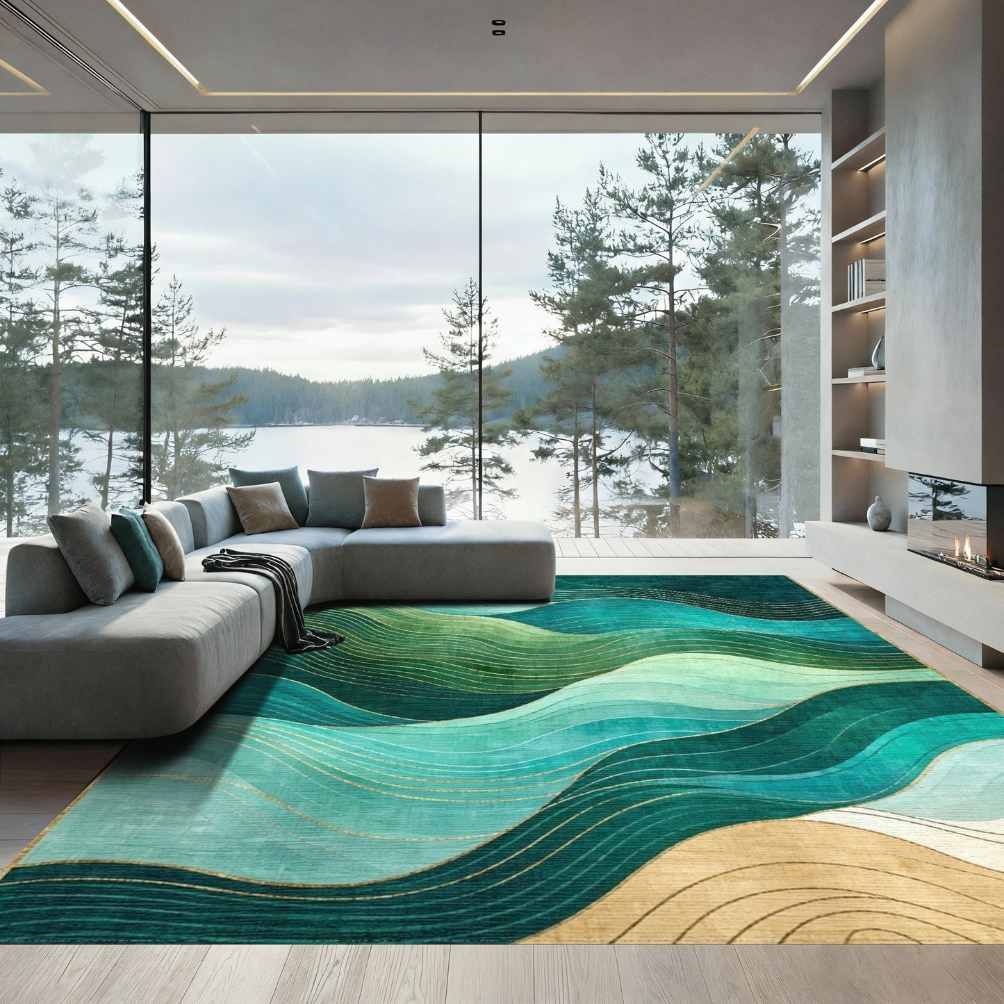 Emerald Teal Wavy Gold Rug