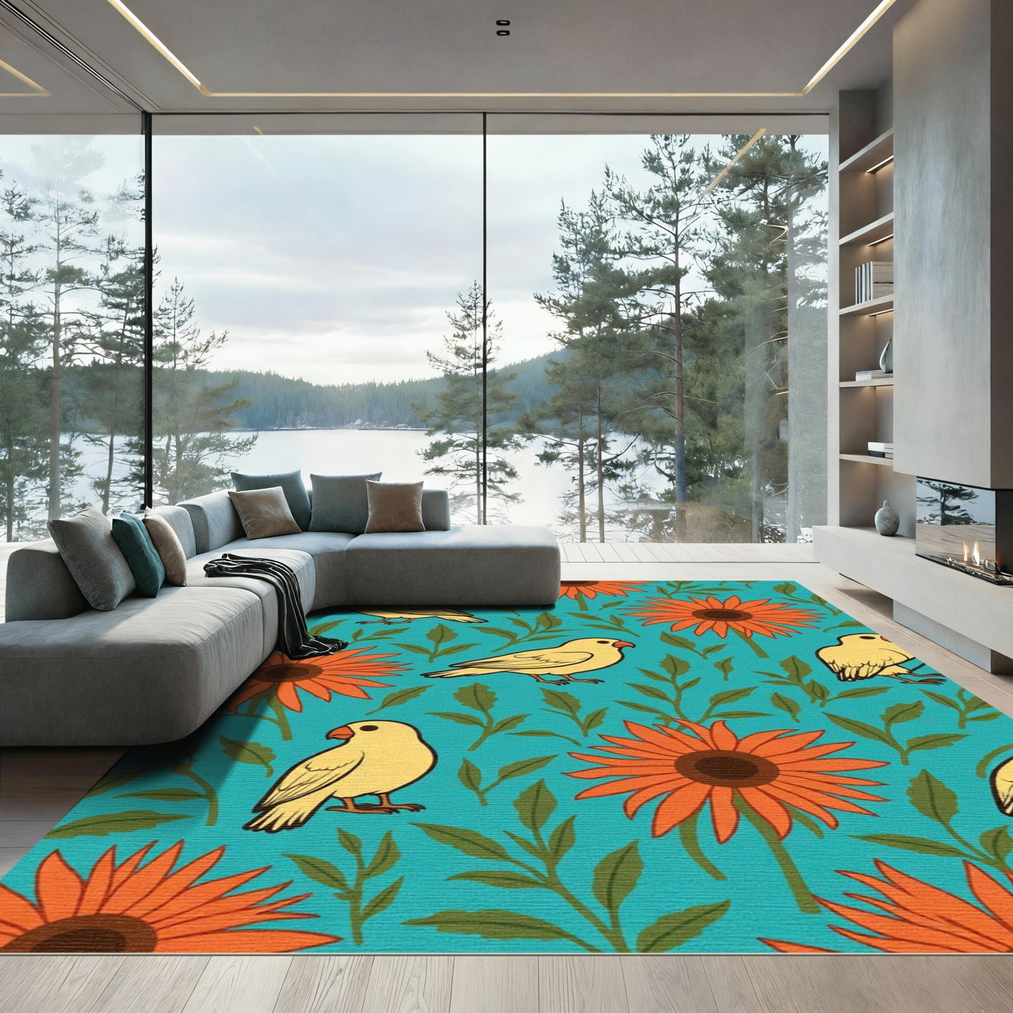 Yellow Birds and Orange Flowers Rug