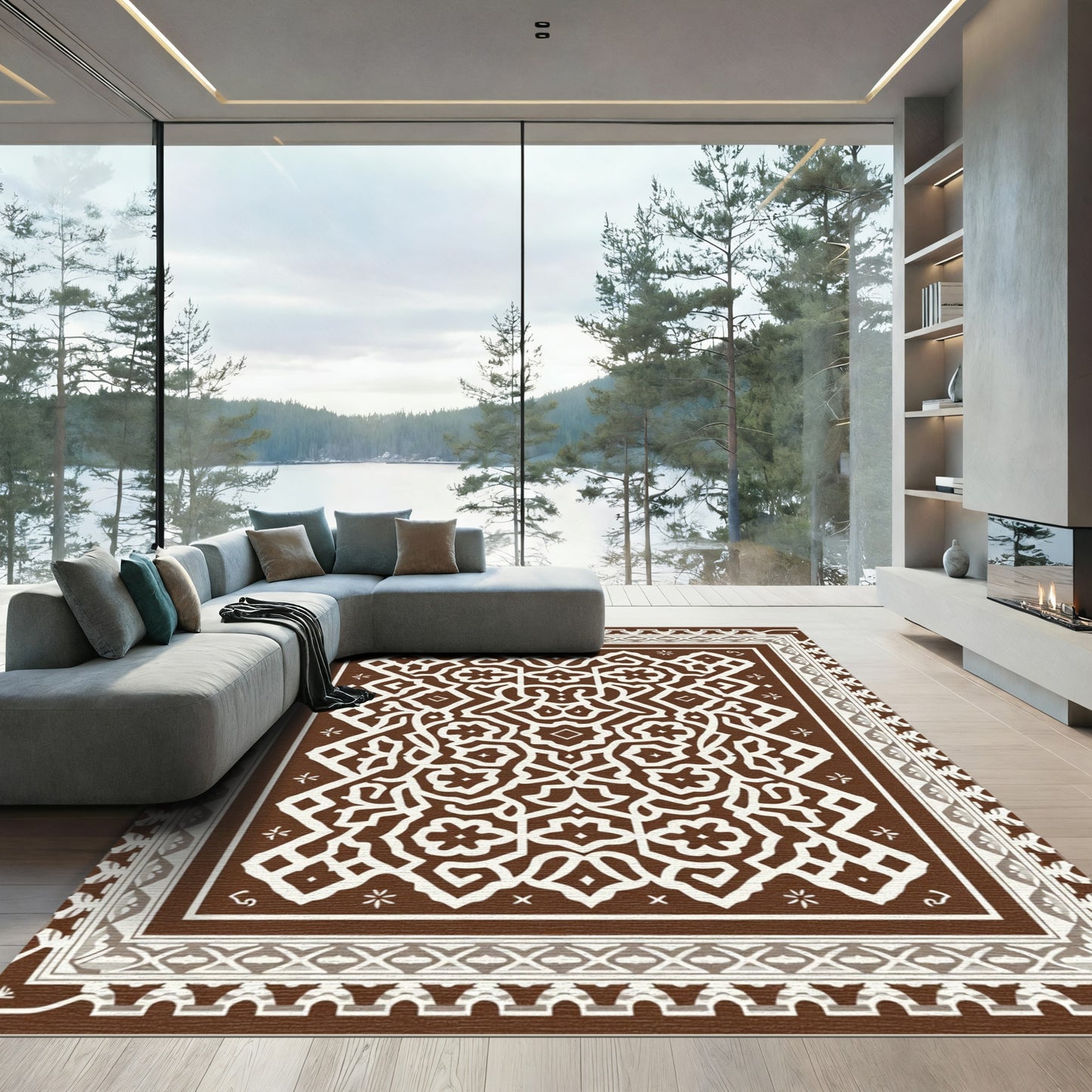 Brown White Intricate Geometric Medallion Rug
